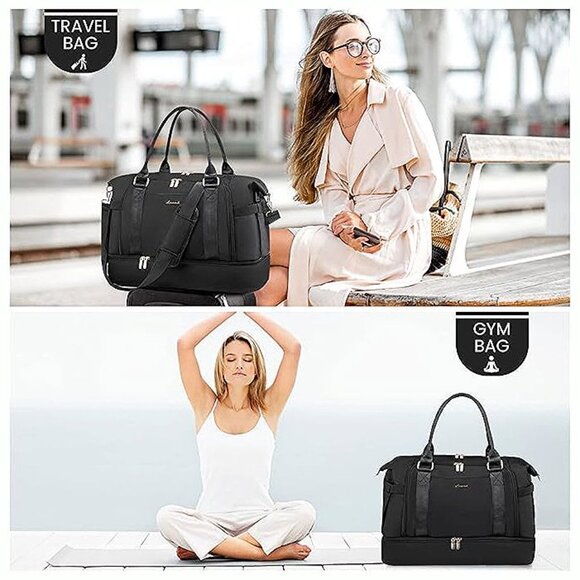 Gym Bag for Women  Travel Duffel Bag with USB Charging Port, Black - Picture 2 of 8